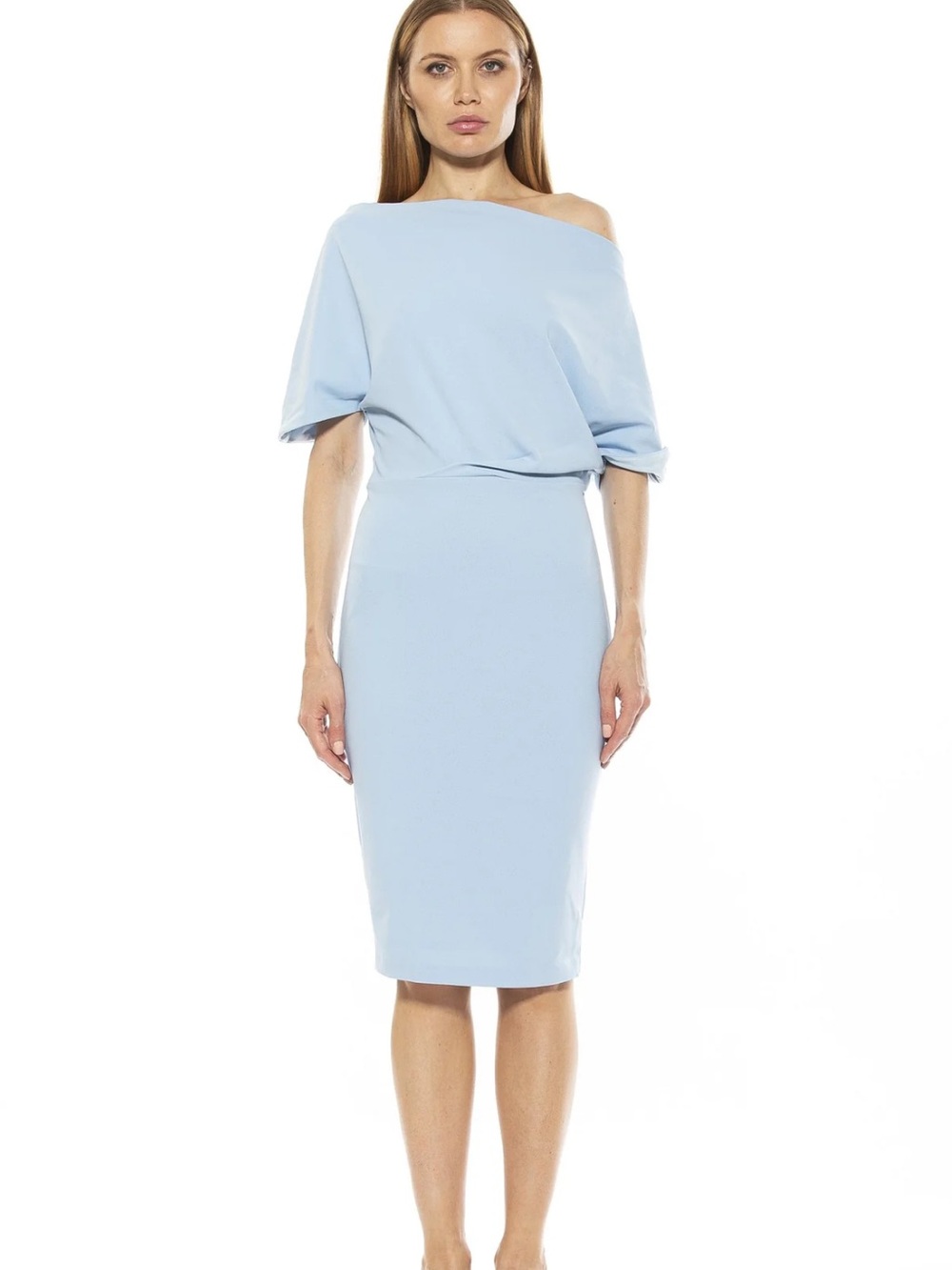 Alexia Admor Olivia Draped Sheath Dress. Halogen Blue Size S. NWT